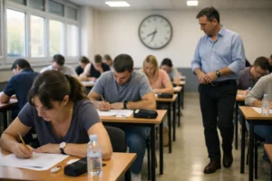 Estudiantes en simulacro de examen en aula, ambiente realista de práctica para oposiciones para magisterio en valencia