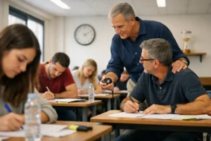 candidatos en simulacro de examen con preparador para oposiciones de justicia en valencia supervisando tiempo y ambiente de examen