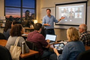 Clase híbrida presencial y virtual con docente y alumnos por la tarde, apoyo flexible para oposiciones para magisterio en valencia