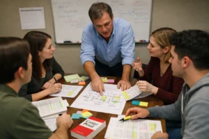 grupo trabajando caso práctico con preparador para oposiciones de justicia en valencia evitando sobrecarga y priorizando conceptos