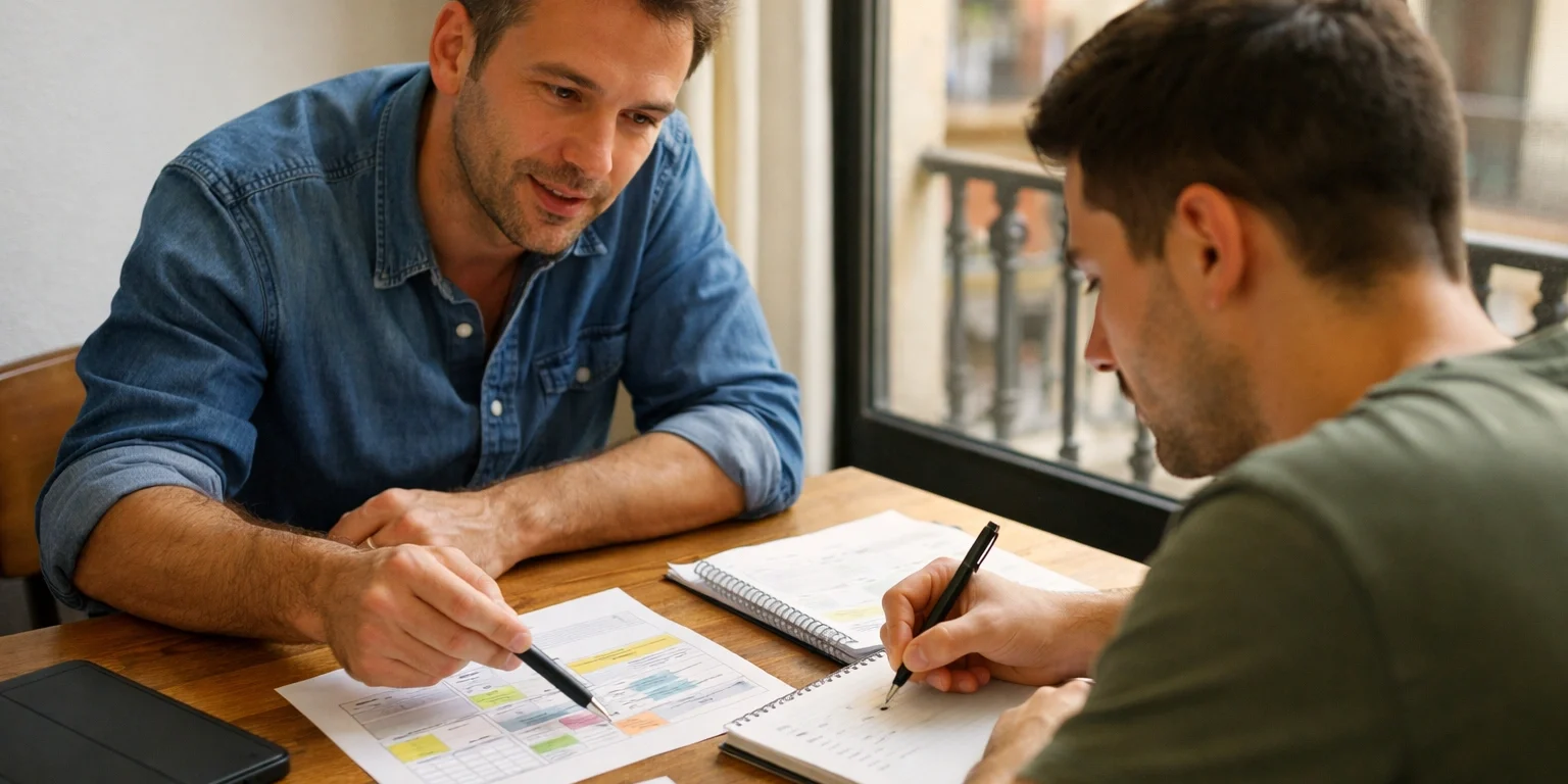 preparador para oposiciones de justicia en valencia guiando a estudiante en consulta individual en despacho con materiales de estudio