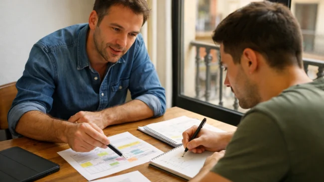 preparador para oposiciones de justicia en valencia guiando a estudiante en consulta individual en despacho con materiales de estudio