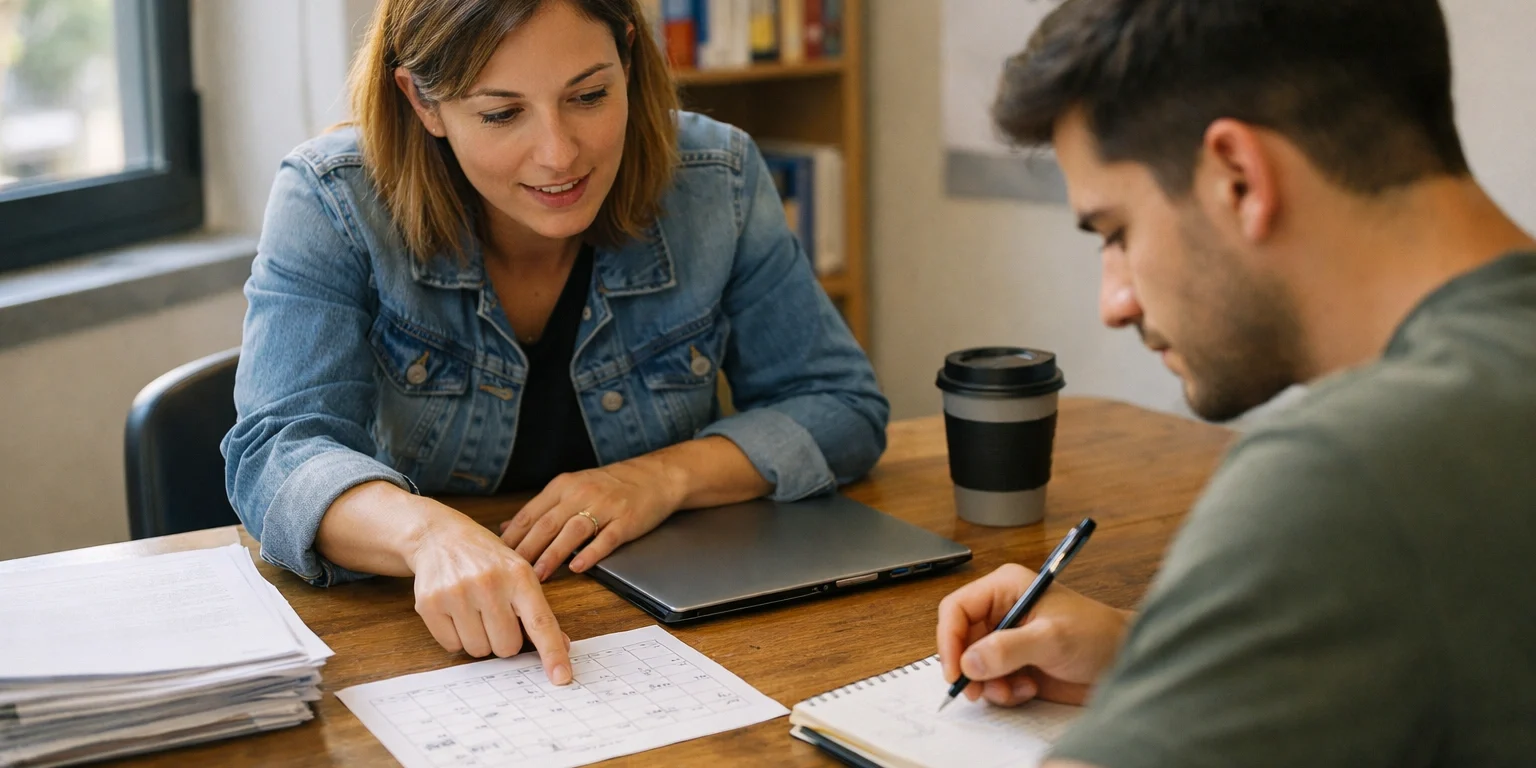 Tutor y estudiante revisando plan personalizado en academia, preparación para oposiciones para magisterio en valencia