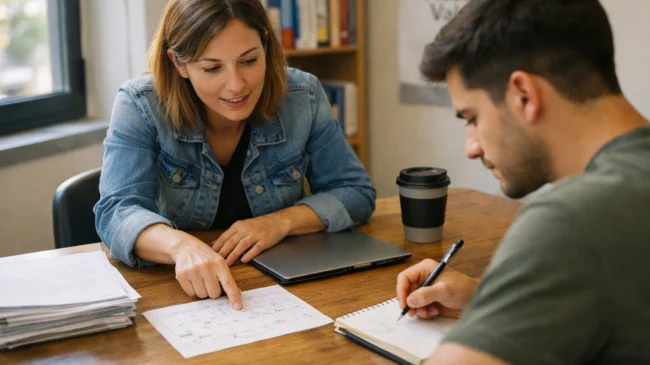 Tutor y estudiante revisando plan personalizado en academia, preparación para oposiciones para magisterio en valencia